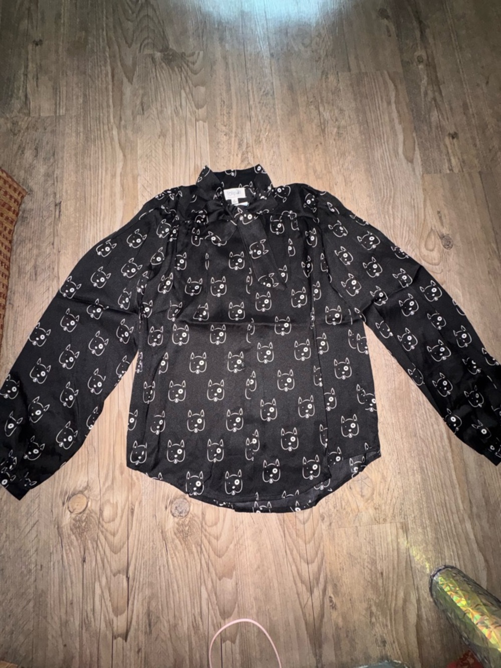 Tulip B Black Dog Print Tie-Neck Blouse